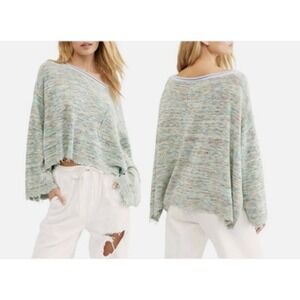 Free People Sweater Womens‎ Medium Colorful Fringe Hem Spacedye Oversized Green